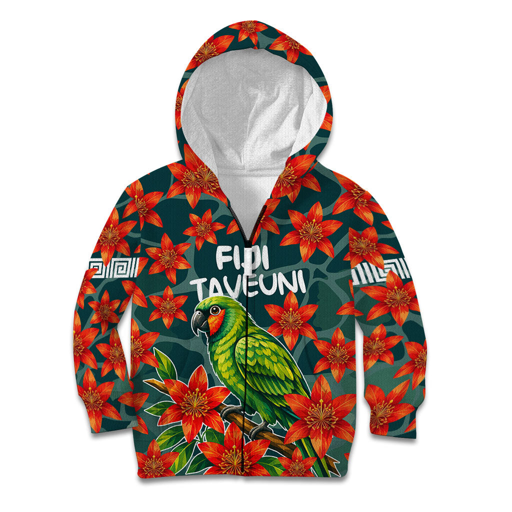 Fiji Taveuni Parrot Kid Hoodie Tropical Waterfall Landscape With Floral Tribal Pattern TS04 Zip Hoodie Green Orange - Polynesian Pride