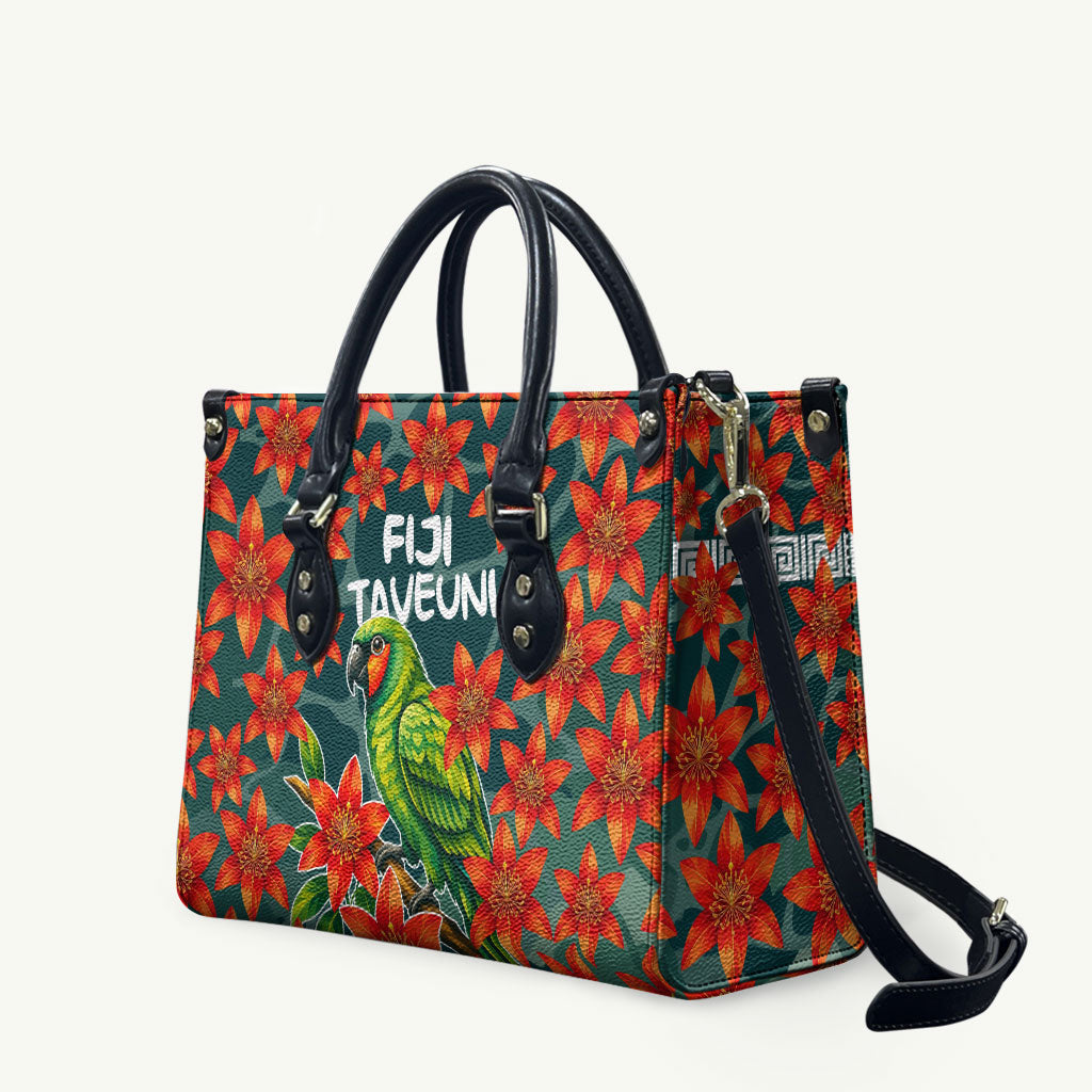 Fiji Taveuni Parrot Leather Bag Tropical Waterfall Landscape With Floral Tribal Pattern