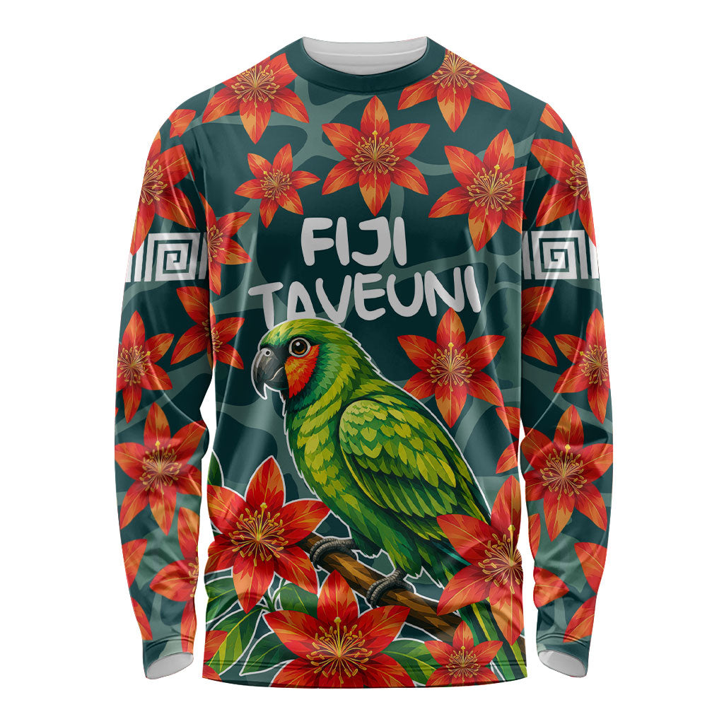 Fiji Taveuni Parrot Long Sleeve Shirt Tropical Waterfall Landscape With Floral Tribal Pattern