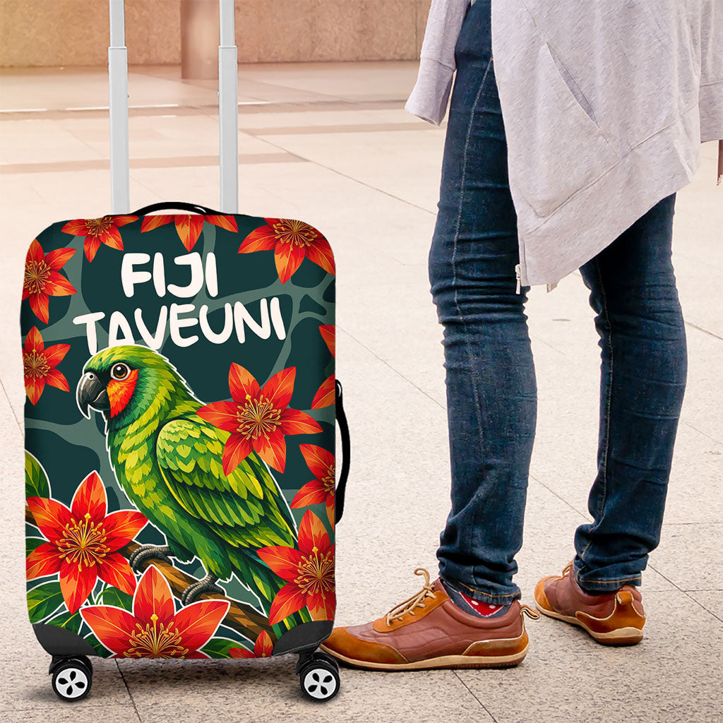 Fiji Taveuni Parrot Luggage Cover Tropical Waterfall Landscape With Floral Tribal Pattern