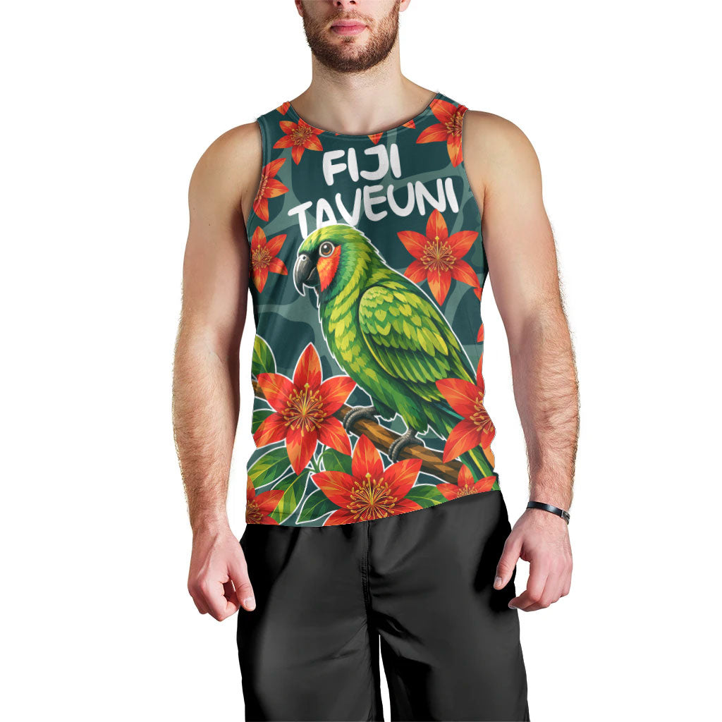 Fiji Taveuni Parrot Men Tank Top Tropical Waterfall Landscape With Floral Tribal Pattern TS04 - Polynesian Pride