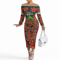 Fiji Taveuni Parrot Off The Shoulder Long Sleeve Dress Tropical Waterfall Landscape With Floral Tribal Pattern