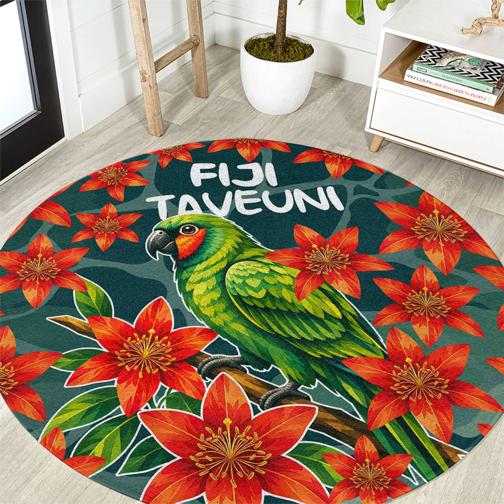 Fiji Taveuni Parrot Round Carpet Tropical Waterfall Landscape With Floral Tribal Pattern