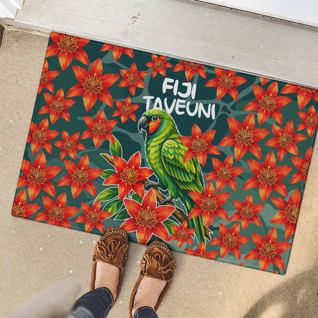 Fiji Taveuni Parrot Rubber Doormat Tropical Waterfall Landscape With Floral Tribal Pattern TS04 - Polynesian Pride