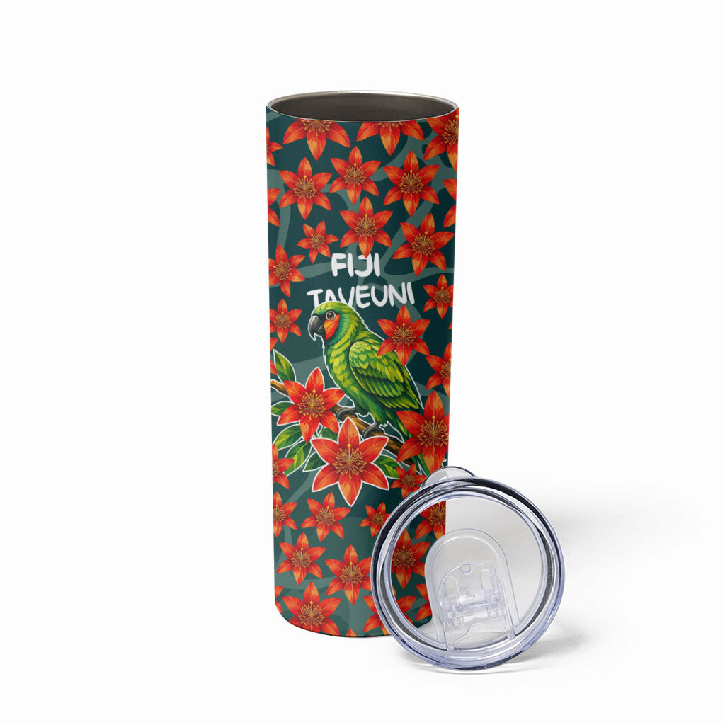 Fiji Taveuni Parrot Skinny Tumbler Tropical Waterfall Landscape With Floral Tribal Pattern TS04 - Polynesian Pride