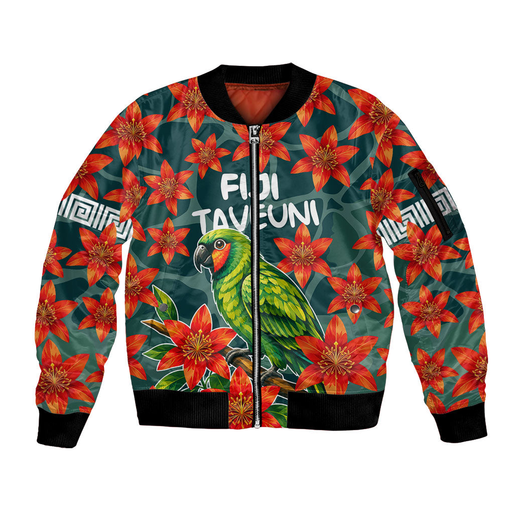 Fiji Taveuni Parrot Sleeve Zip Bomber Jacket Tropical Waterfall Landscape With Floral Tribal Pattern