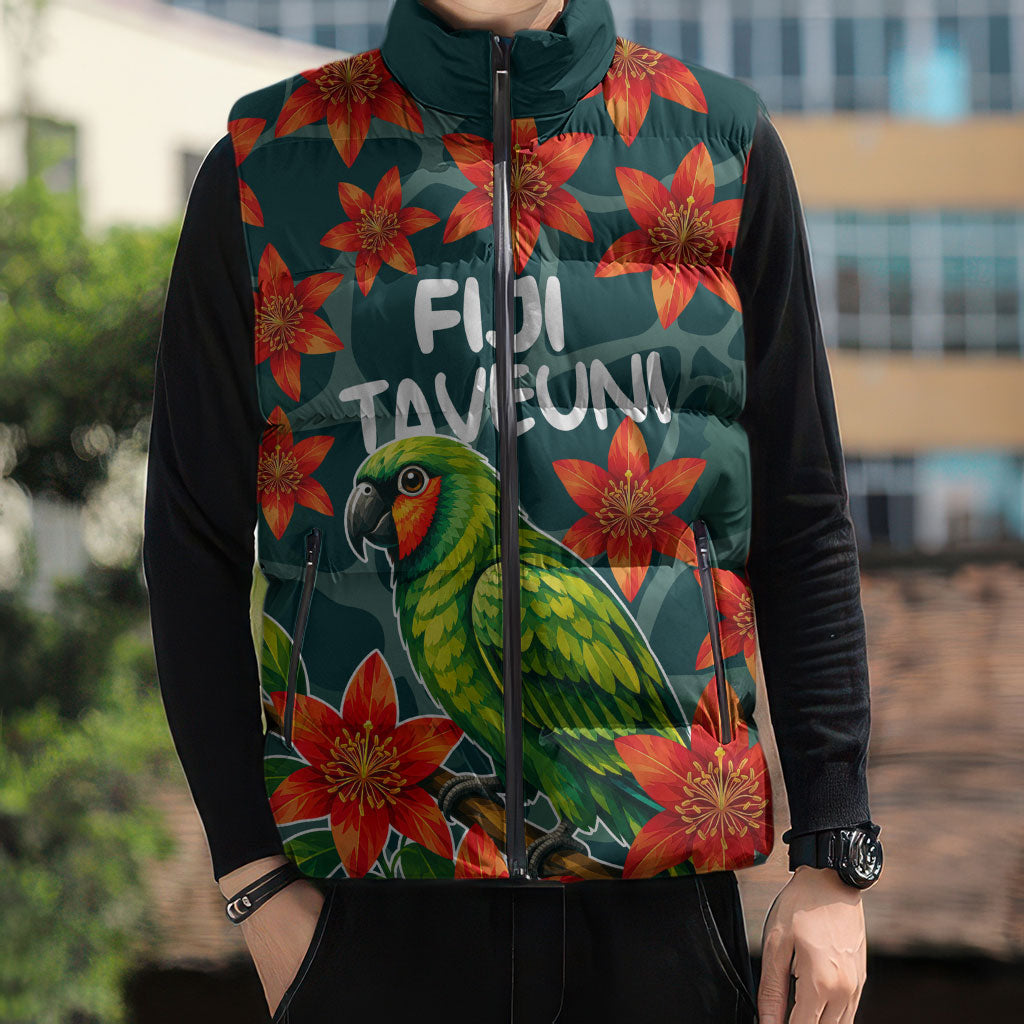 Fiji Taveuni Parrot Sleeveless Puffer Jacket Tropical Waterfall Landscape With Floral Tribal Pattern