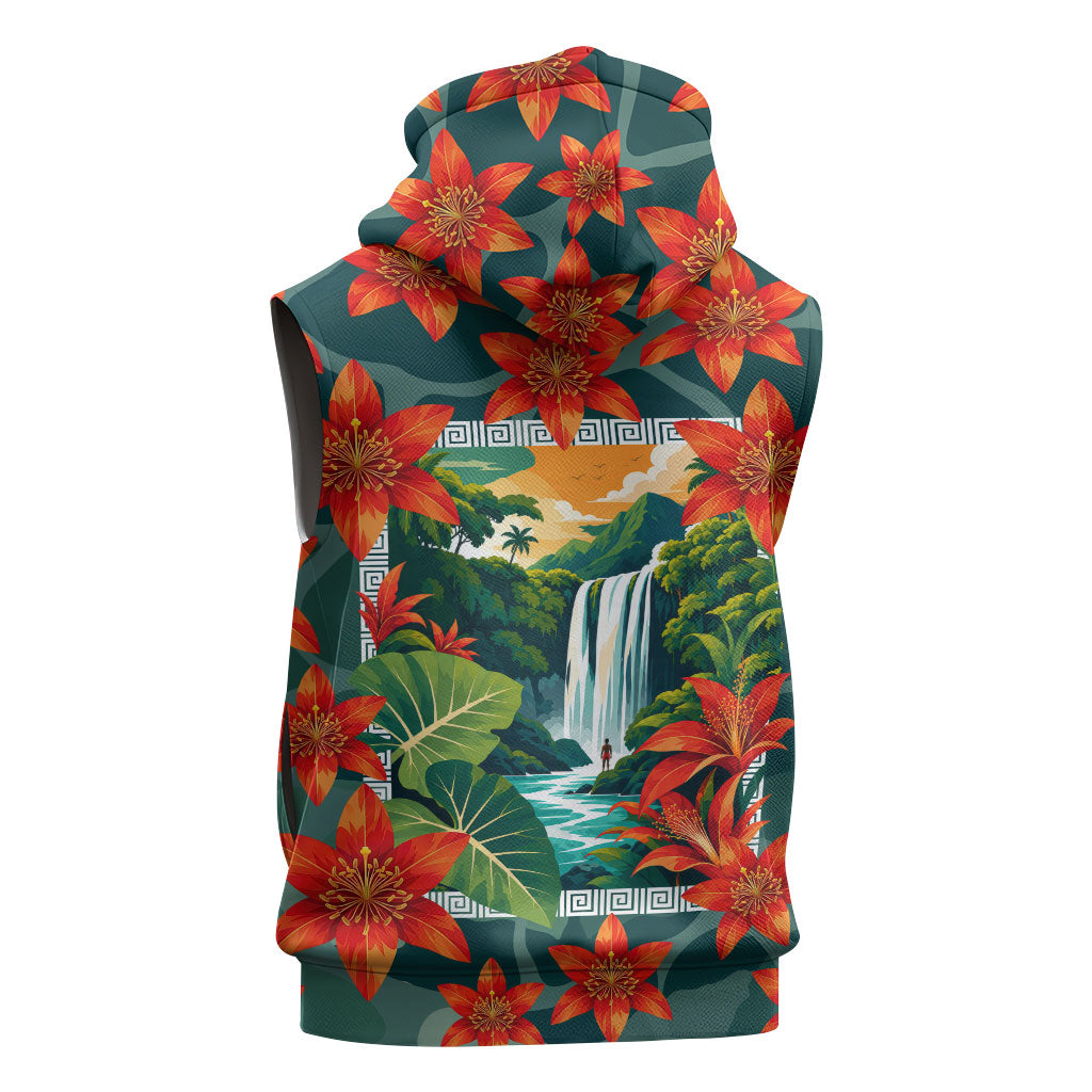 Fiji Taveuni Parrot Sleeveless Zip Hoodie Tropical Waterfall Landscape With Floral Tribal Pattern TS04 - Polynesian Pride