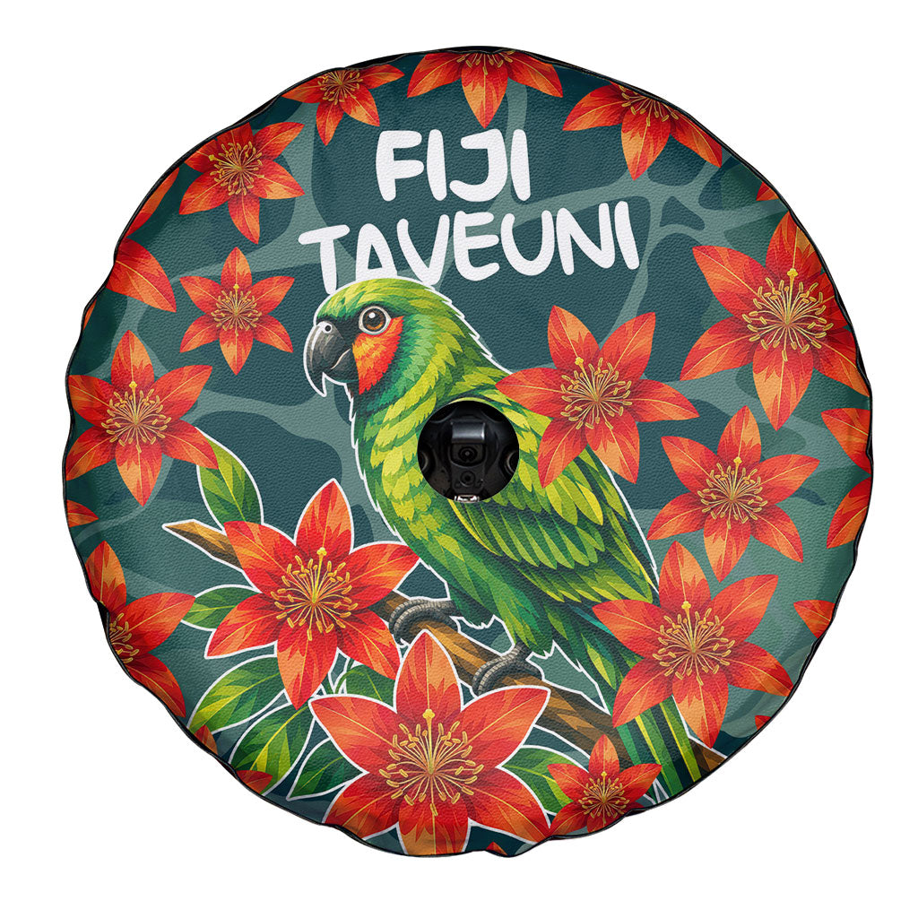 Fiji Taveuni Parrot Spare Tire Cover Tropical Waterfall Landscape With Floral Tribal Pattern