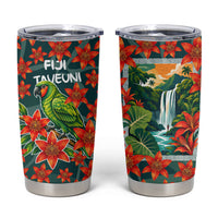 Fiji Taveuni Parrot Tumbler Cup Tropical Waterfall Landscape With Floral Tribal Pattern TS04 Green Orange - Polynesian Pride