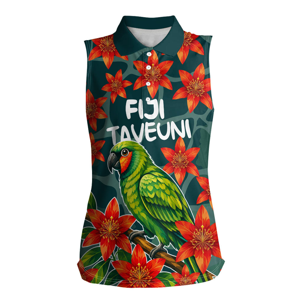 Fiji Taveuni Parrot Women Sleeveless Polo Shirt Tropical Waterfall Landscape With Floral Tribal Pattern TS04 Female Green Orange - Polynesian Pride