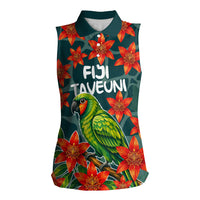Fiji Taveuni Parrot Women Sleeveless Polo Shirt Tropical Waterfall Landscape With Floral Tribal Pattern TS04 Female Green Orange - Polynesian Pride