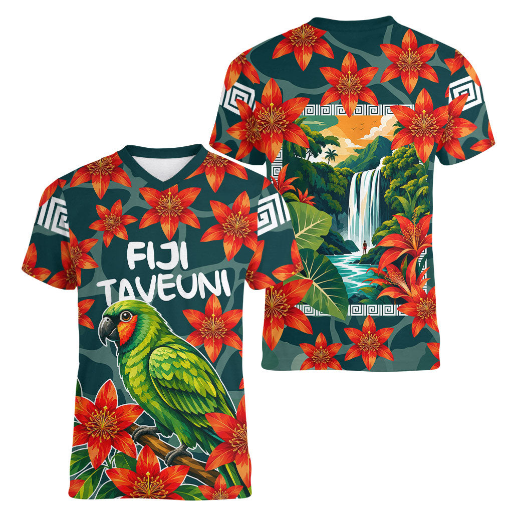 Fiji Taveuni Parrot Women V-Neck T-Shirt Tropical Waterfall Landscape With Floral Tribal Pattern TS04 - Polynesian Pride