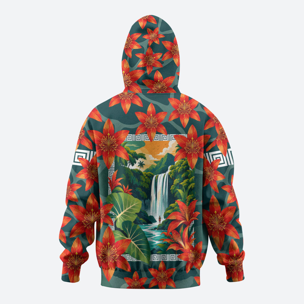 Fiji Taveuni Parrot Zip Hoodie Tropical Waterfall Landscape With Floral Tribal Pattern