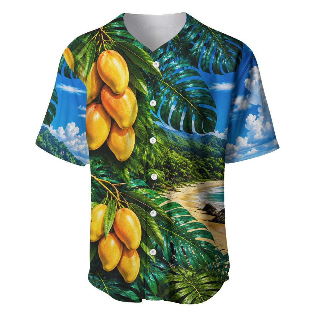 Hawaiian Mango Tropical Beach Baseball Jersey Scenic Island Nature Exotic Fruit Graphic TS04 Blue Green - Polynesian Pride