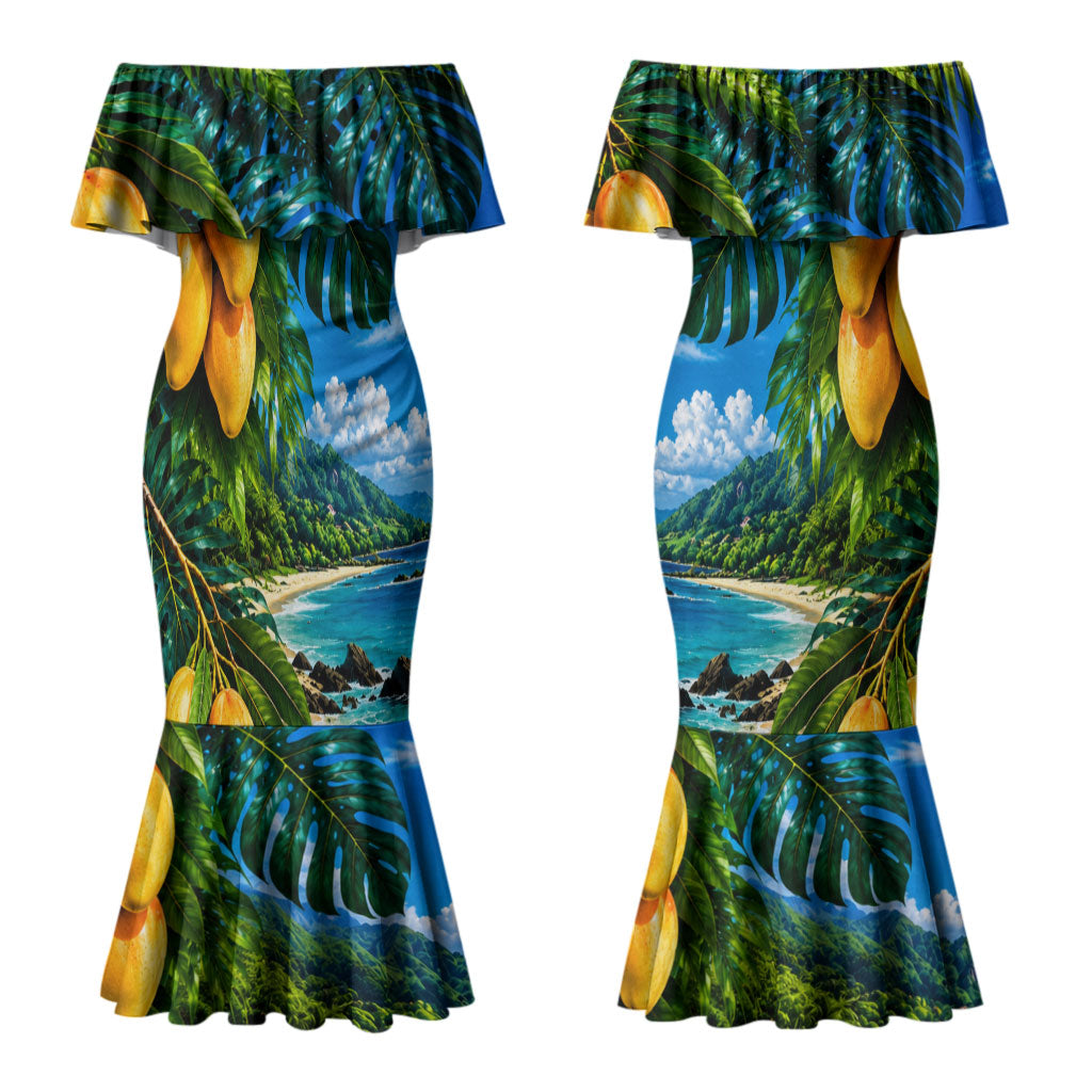 Hawaiian Mango Tropical Beach Couples Matching Mermaid Dress and Hawaiian Shirt Scenic Island Nature Exotic Fruit Graphic TS04 - Polynesian Pride