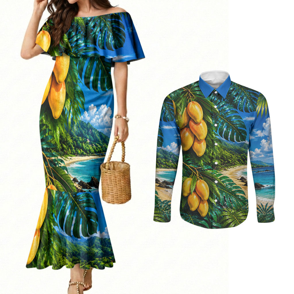 Hawaiian Mango Tropical Beach Couples Matching Mermaid Dress and Long Sleeve Button Shirt Scenic Island Nature Exotic Fruit Graphic TS04 Blue Green - Polynesian Pride