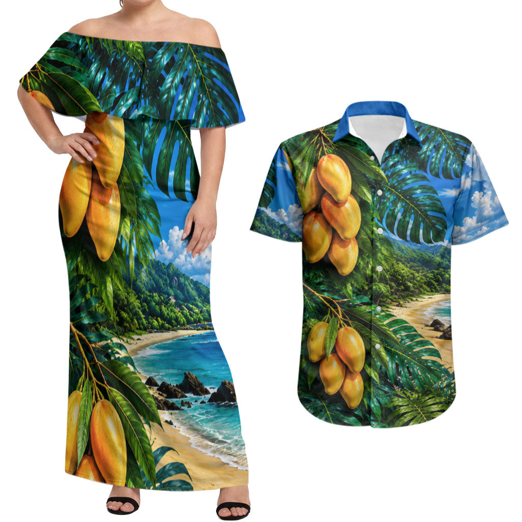 Hawaiian Mango Tropical Beach Couples Matching Off Shoulder Maxi Dress and Hawaiian Shirt Scenic Island Nature Exotic Fruit Graphic TS04 Blue Green - Polynesian Pride