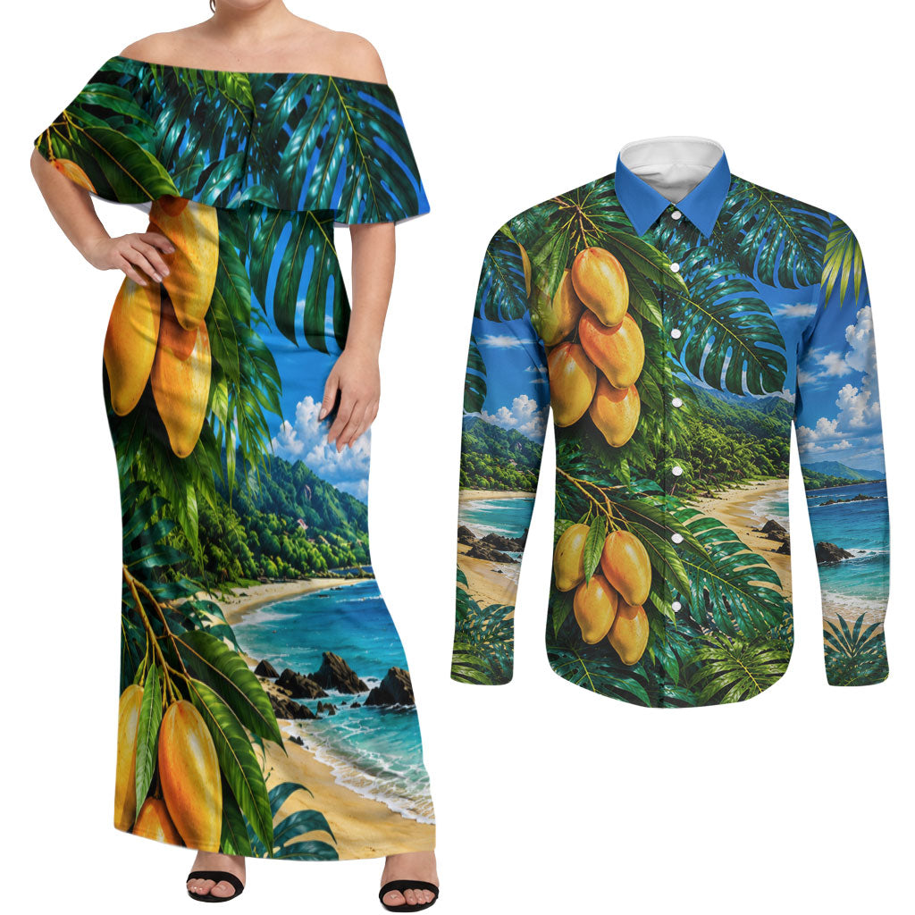 Hawaiian Mango Tropical Beach Couples Matching Off Shoulder Maxi Dress and Long Sleeve Button Shirt Scenic Island Nature Exotic Fruit Graphic TS04 Blue Green - Polynesian Pride