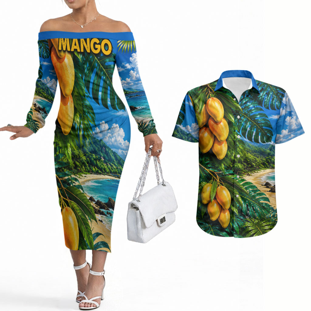 Hawaiian Mango Tropical Beach Couples Matching Off The Shoulder Long Sleeve Dress and Hawaiian Shirt Scenic Island Nature Exotic Fruit Graphic TS04 Blue Green - Polynesian Pride