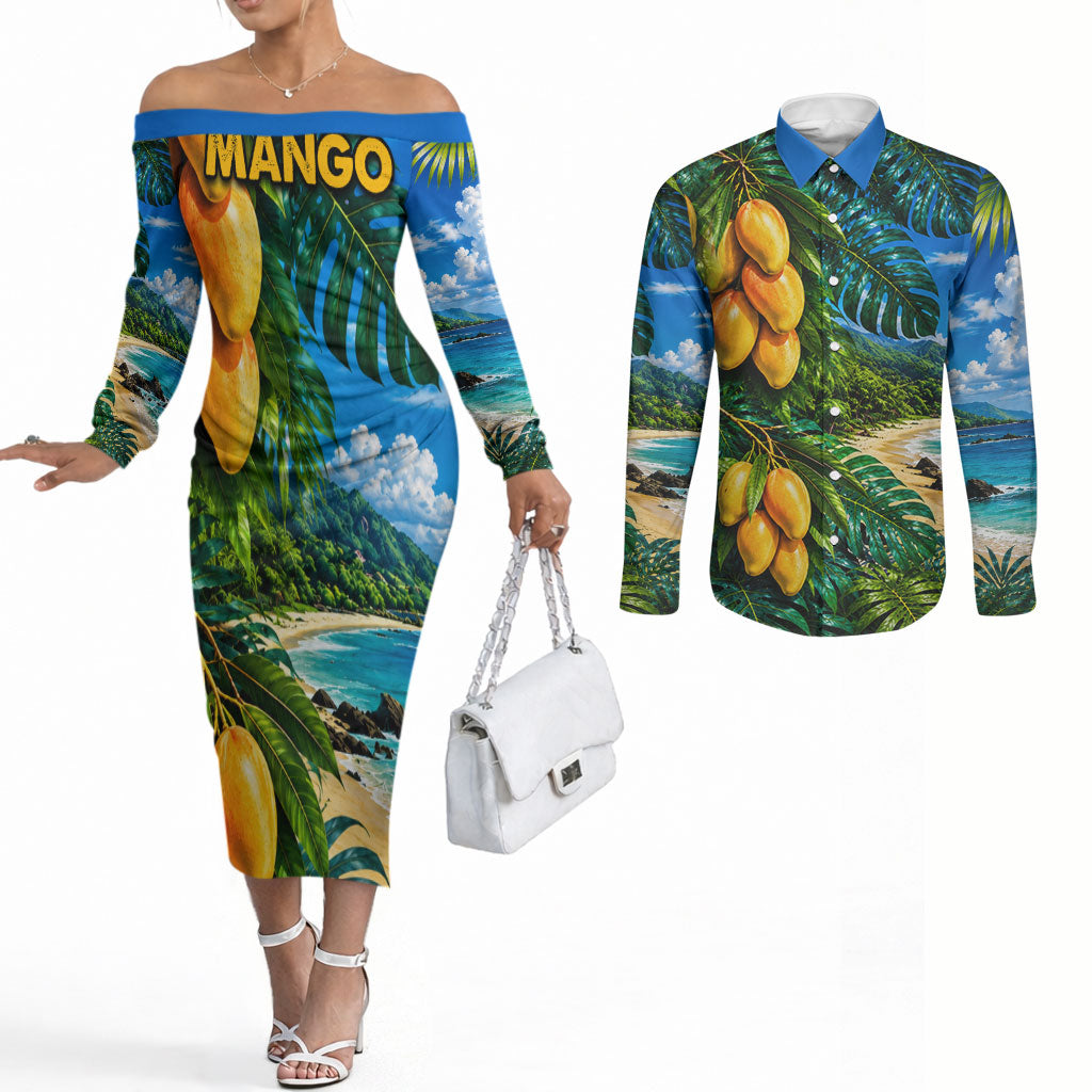 Hawaiian Mango Tropical Beach Couples Matching Off The Shoulder Long Sleeve Dress and Long Sleeve Button Shirt Scenic Island Nature Exotic Fruit Graphic TS04 Blue Green - Polynesian Pride