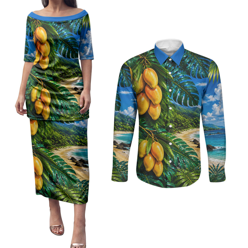 Hawaiian Mango Tropical Beach Couples Matching Puletasi and Long Sleeve Button Shirt Scenic Island Nature Exotic Fruit Graphic TS04 Blue Green - Polynesian Pride