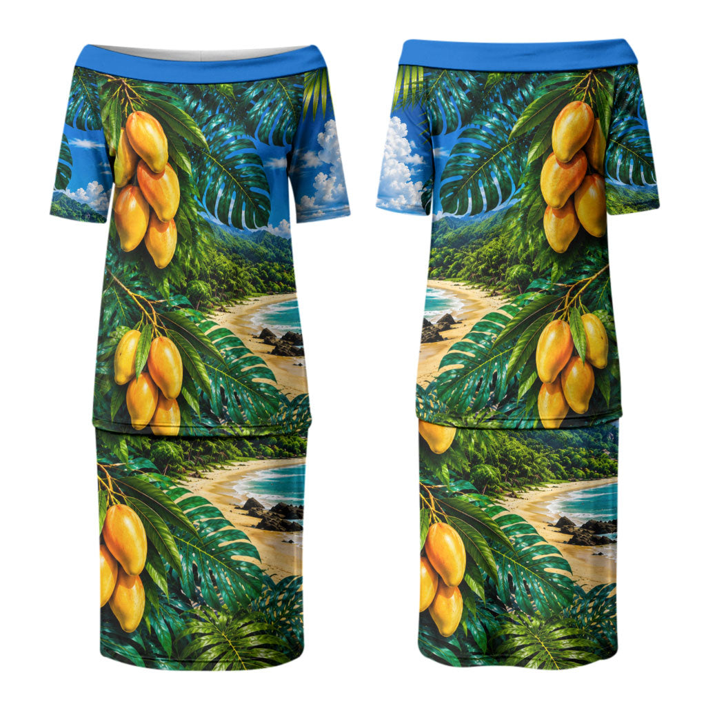 Hawaiian Mango Tropical Beach Couples Matching Puletasi and Long Sleeve Button Shirt Scenic Island Nature Exotic Fruit Graphic TS04 - Polynesian Pride
