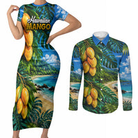 Hawaiian Mango Tropical Beach Couples Matching Short Sleeve Bodycon Dress and Long Sleeve Button Shirt Scenic Island Nature Exotic Fruit Graphic TS04 Blue Green - Polynesian Pride