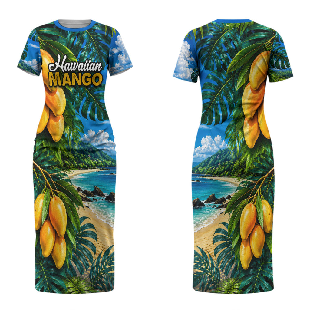 Hawaiian Mango Tropical Beach Couples Matching Short Sleeve Bodycon Dress and Long Sleeve Button Shirt Scenic Island Nature Exotic Fruit Graphic TS04 - Polynesian Pride