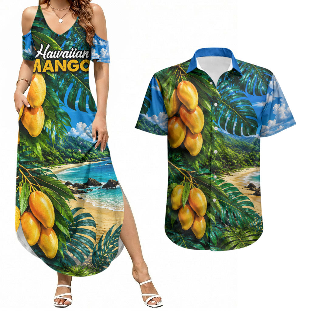 Hawaiian Mango Tropical Beach Couples Matching Summer Maxi Dress and Hawaiian Shirt Scenic Island Nature Exotic Fruit Graphic TS04 Blue Green - Polynesian Pride
