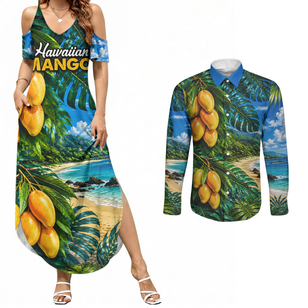 Hawaiian Mango Tropical Beach Couples Matching Summer Maxi Dress and Long Sleeve Button Shirt Scenic Island Nature Exotic Fruit Graphic TS04 Blue Green - Polynesian Pride