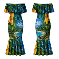 Hawaiian Mango Tropical Beach Family Matching Mermaid Dress and Hawaiian Shirt Scenic Island Nature Exotic Fruit Graphic TS04 Mom's Dress Blue Green - Polynesian Pride