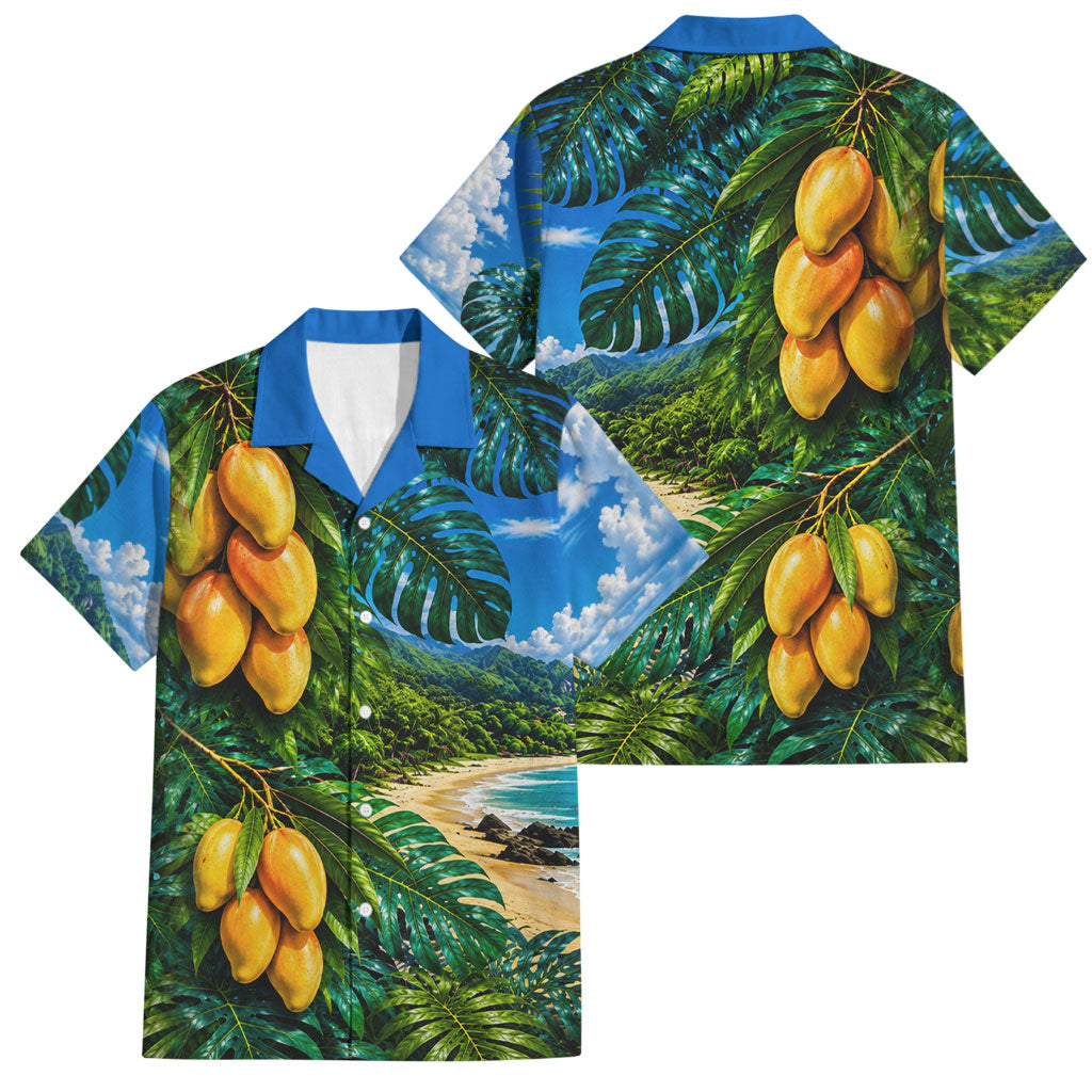 Hawaiian Mango Tropical Beach Family Matching Mermaid Dress and Hawaiian Shirt Scenic Island Nature Exotic Fruit Graphic TS04 Dad's Shirt - Short Sleeve Blue Green - Polynesian Pride
