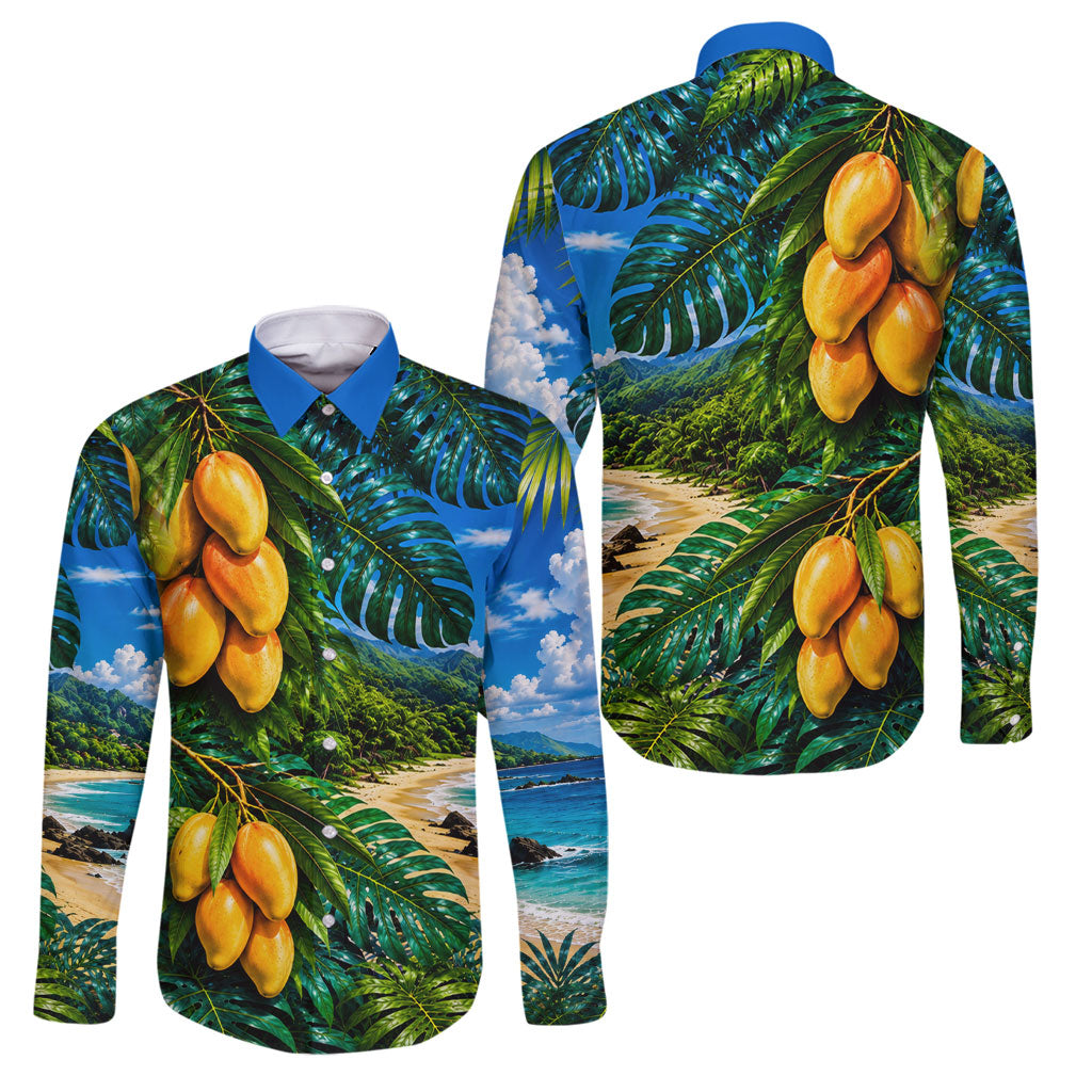Hawaiian Mango Tropical Beach Family Matching Mermaid Dress and Hawaiian Shirt Scenic Island Nature Exotic Fruit Graphic TS04 Dad's Shirt - Long Sleeve Blue Green - Polynesian Pride