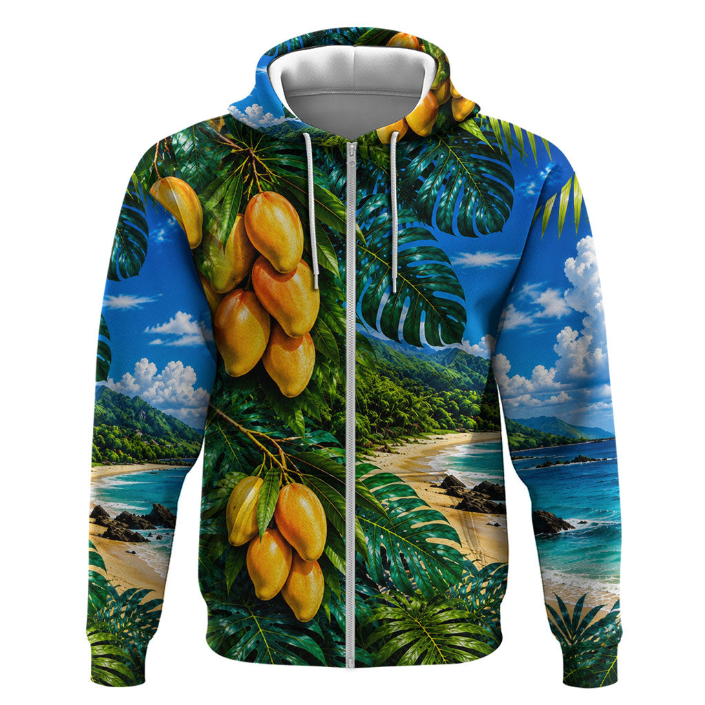 Hawaiian Mango Tropical Beach Hoodie Scenic Island Nature Exotic Fruit Graphic TS04 Zip Hoodie Blue Green - Polynesian Pride