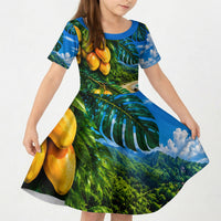 Hawaiian Mango Tropical Beach Kid Short Sleeve Dress Scenic Island Nature Exotic Fruit Graphic TS04 KID Blue Green - Polynesian Pride