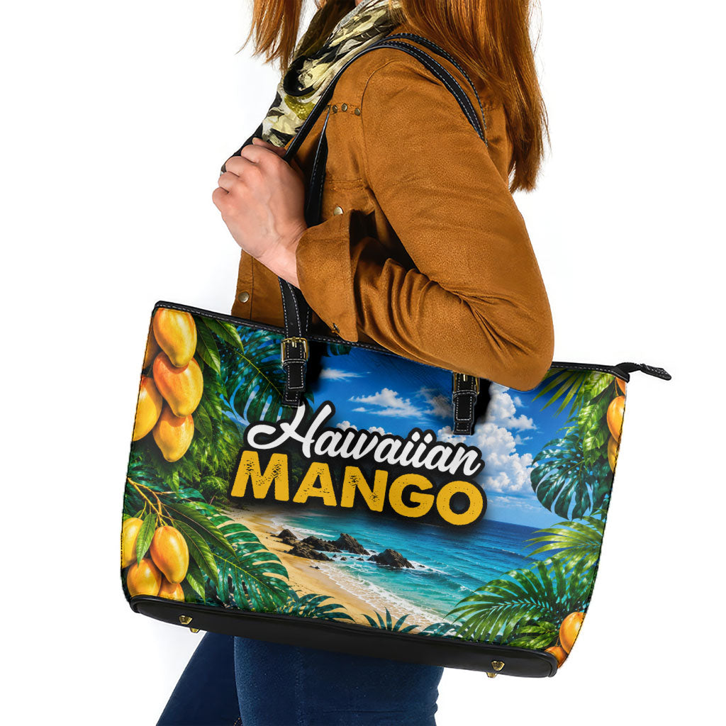 Hawaiian Mango Tropical Beach Leather Tote Bag Scenic Island Nature Exotic Fruit Graphic TS04 Blue Green - Polynesian Pride