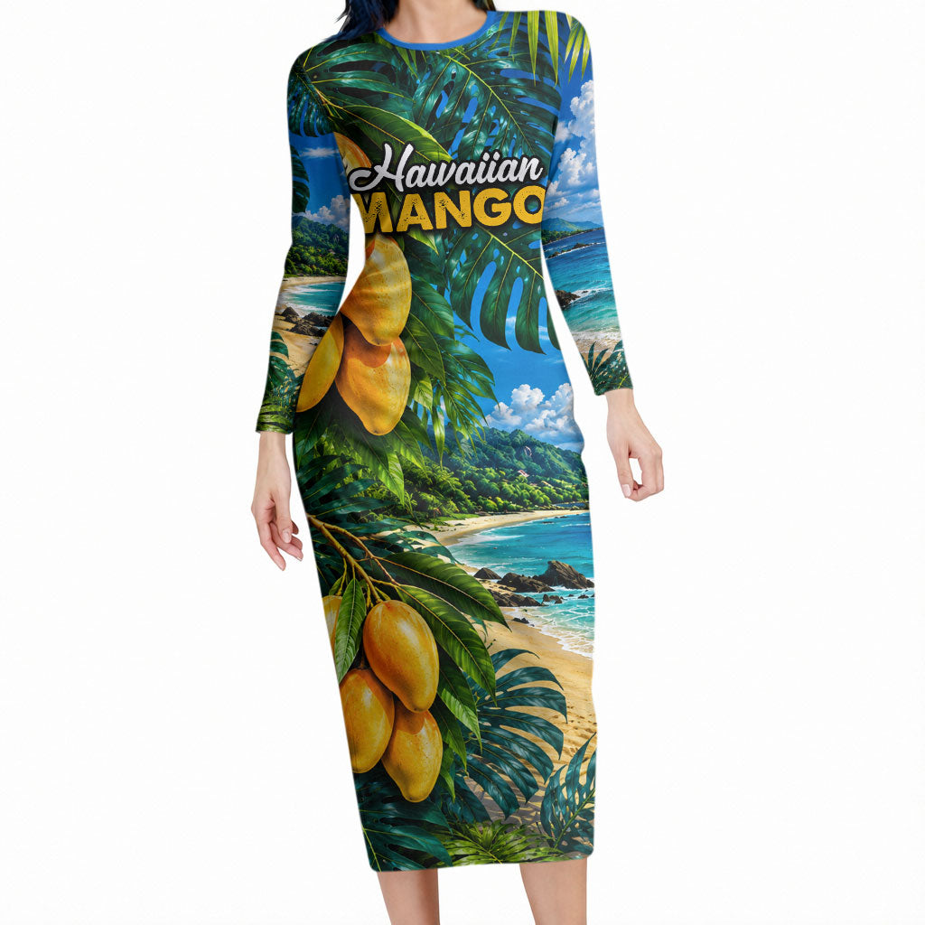 Hawaiian Mango Tropical Beach Long Sleeve Bodycon Dress Scenic Island Nature Exotic Fruit Graphic TS04 Long Dress Blue Green - Polynesian Pride