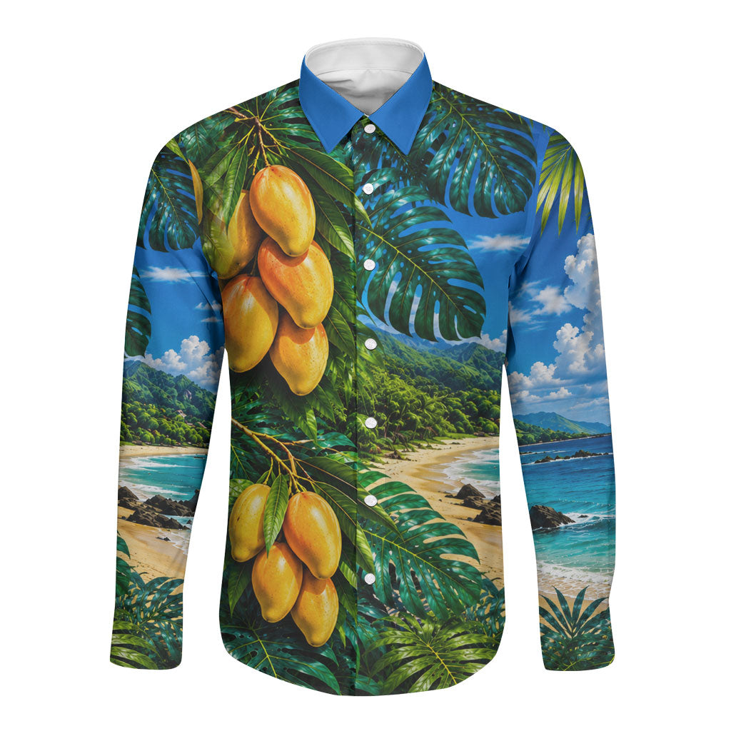 Hawaiian Mango Tropical Beach Long Sleeve Button Shirt Scenic Island Nature Exotic Fruit Graphic TS04 Unisex Blue Green - Polynesian Pride