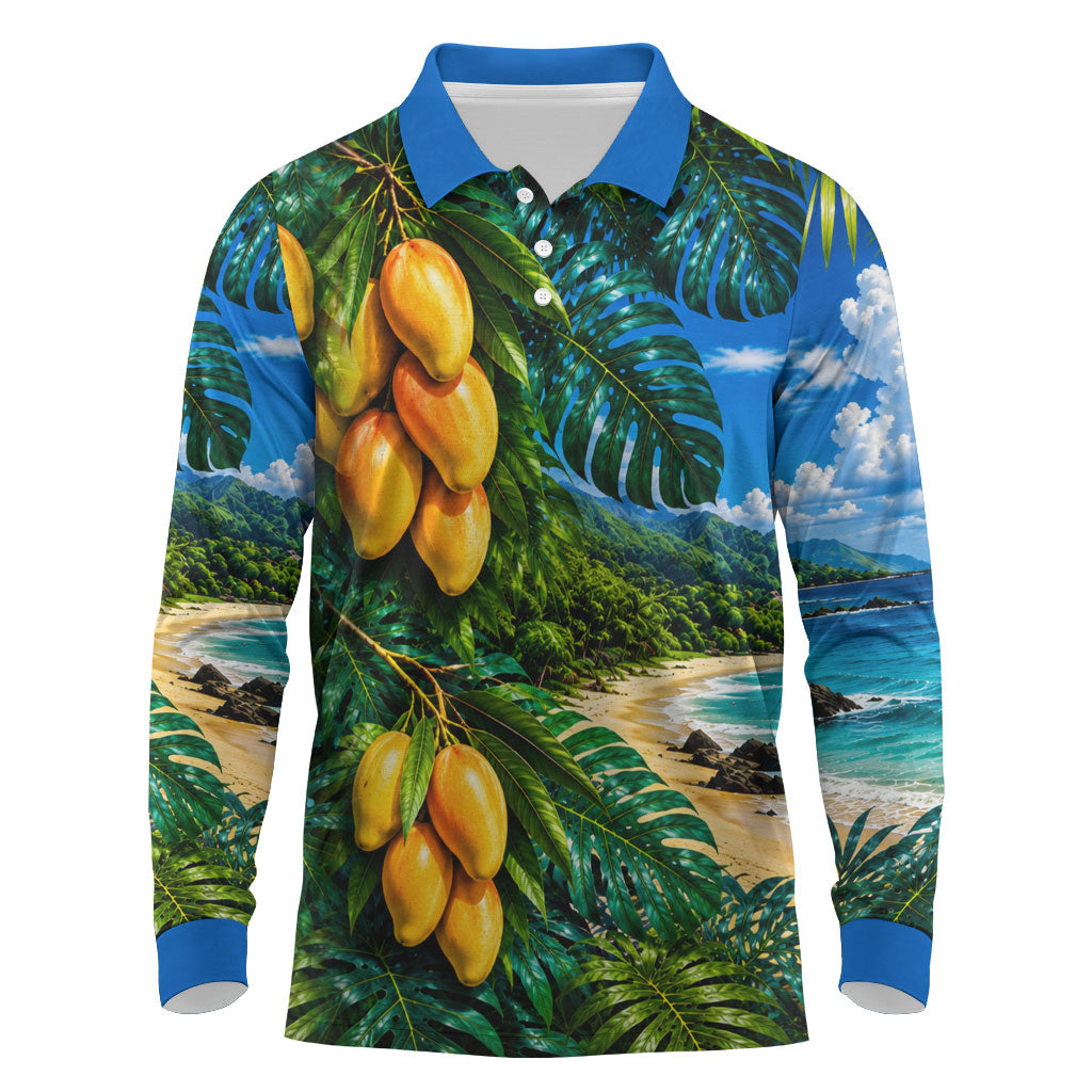Hawaiian Mango Tropical Beach Long Sleeve Polo Shirt Scenic Island Nature Exotic Fruit Graphic TS04 Blue Green - Polynesian Pride