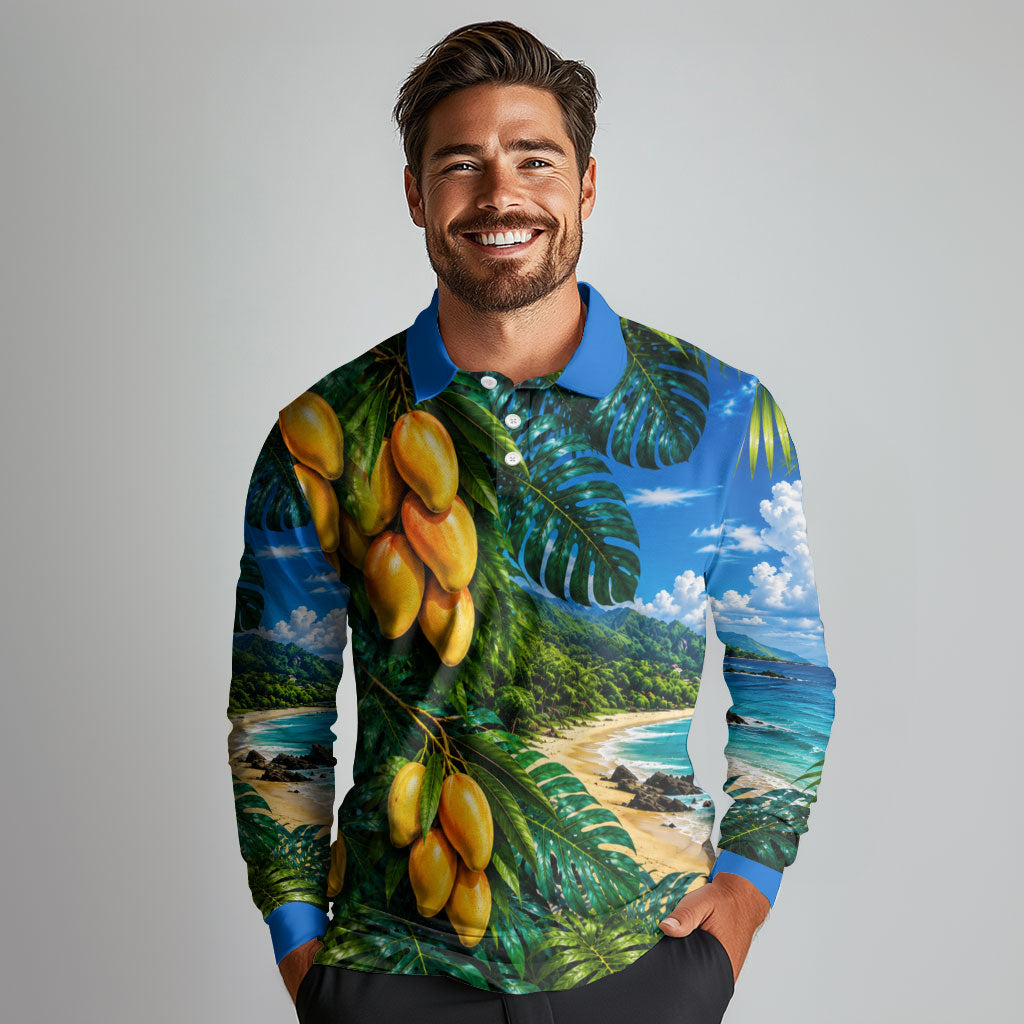 Hawaiian Mango Tropical Beach Long Sleeve Polo Shirt Scenic Island Nature Exotic Fruit Graphic TS04 - Polynesian Pride
