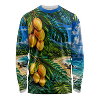 Hawaiian Mango Tropical Beach Long Sleeve Shirt Scenic Island Nature Exotic Fruit Graphic TS04 Unisex Blue Green - Polynesian Pride