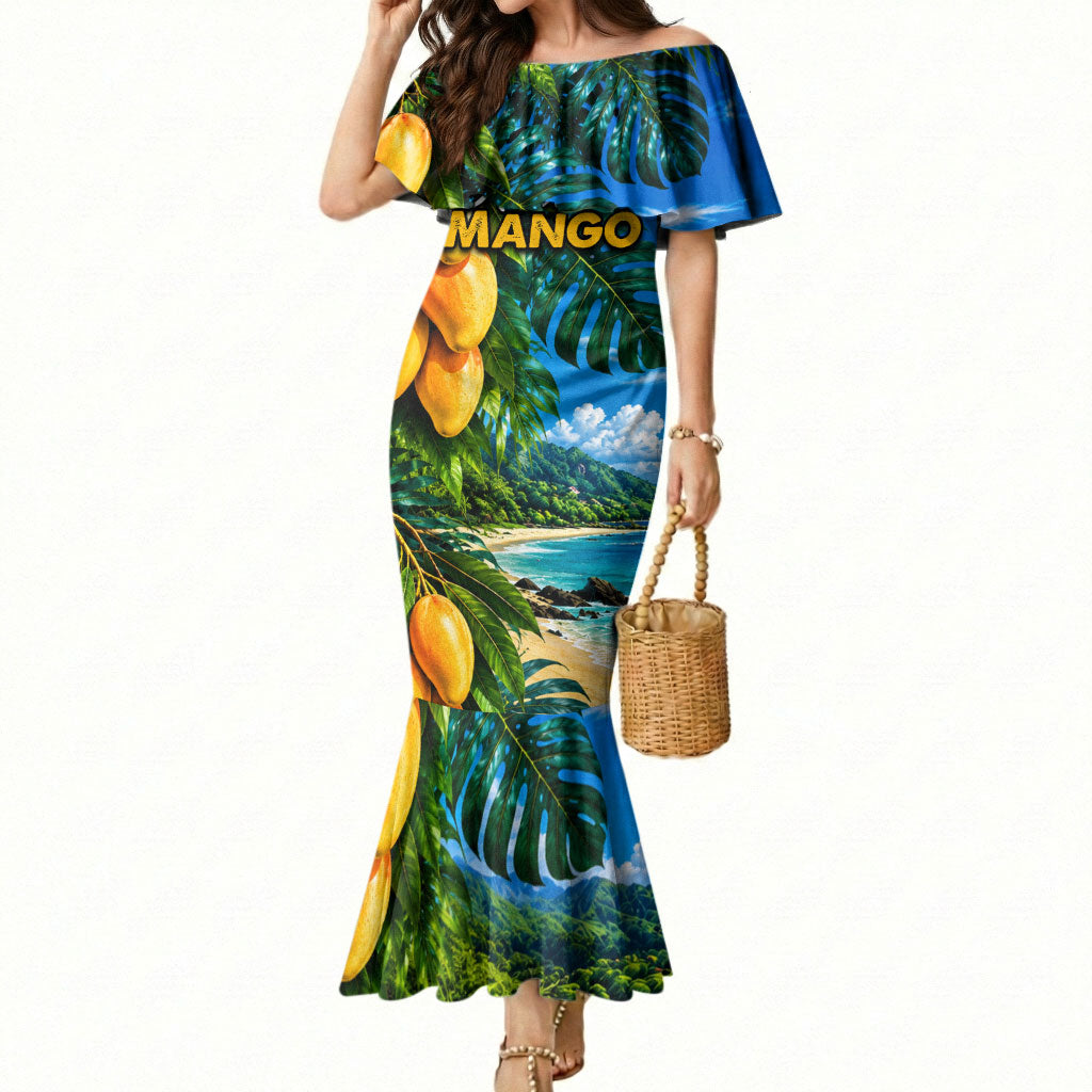 Hawaiian Mango Tropical Beach Mermaid Dress Scenic Island Nature Exotic Fruit Graphic TS04 Women Blue Green - Polynesian Pride