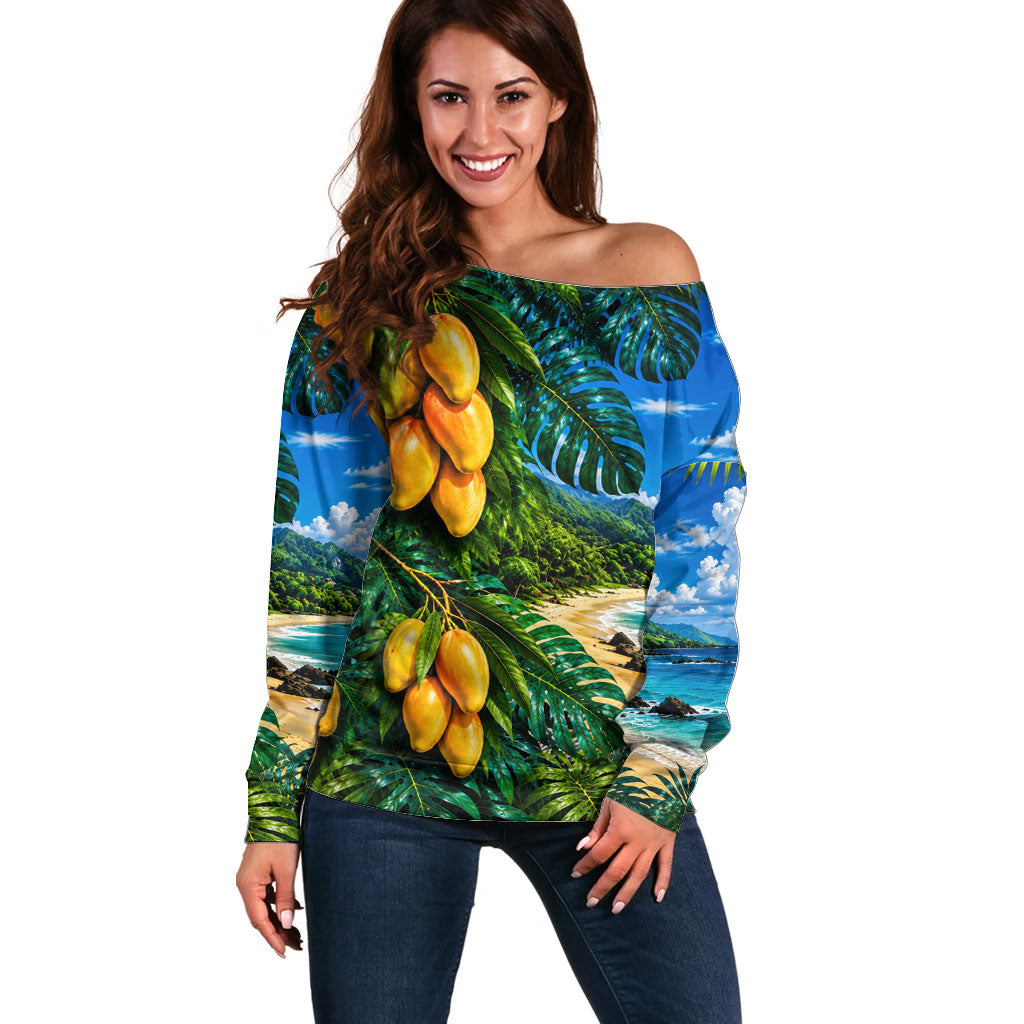 Hawaiian Mango Tropical Beach Off Shoulder Sweater Scenic Island Nature Exotic Fruit Graphic TS04 Women Blue Green - Polynesian Pride