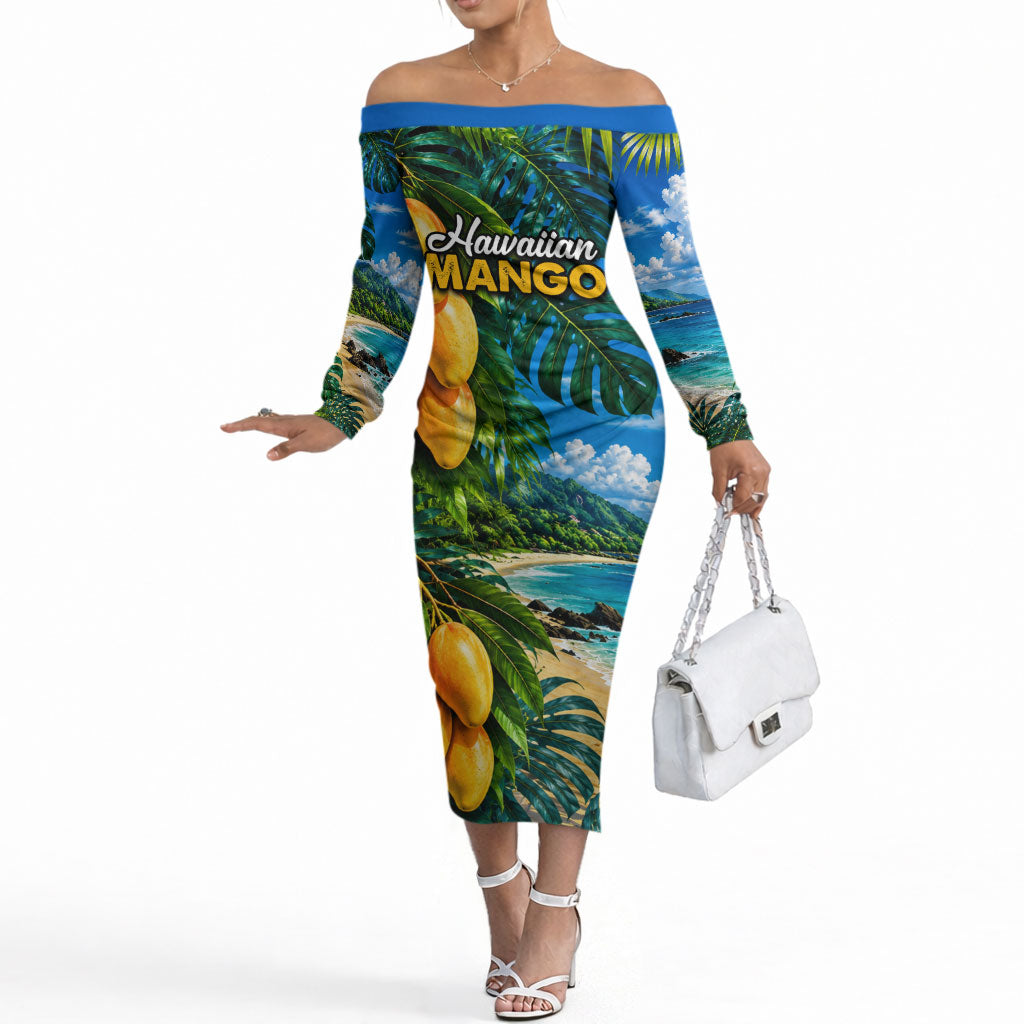 Hawaiian Mango Tropical Beach Off The Shoulder Long Sleeve Dress Scenic Island Nature Exotic Fruit Graphic TS04 Women Blue Green - Polynesian Pride