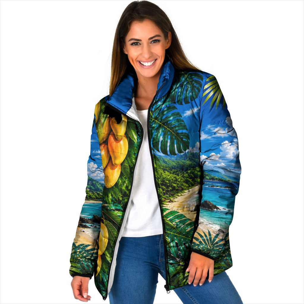 Hawaiian Mango Tropical Beach Padded Jacket Scenic Island Nature Exotic Fruit Graphic TS04 Women Blue Green - Polynesian Pride