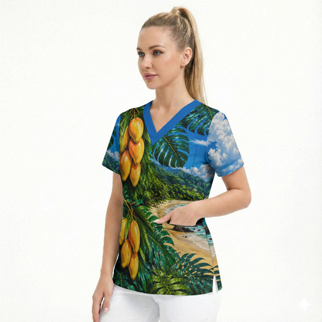 Hawaiian Mango Tropical Beach Scrub Top Scenic Island Nature Exotic Fruit Graphic TS04 - Polynesian Pride