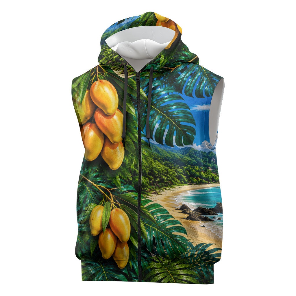 Hawaiian Mango Tropical Beach Sleeveless Zip Hoodie Scenic Island Nature Exotic Fruit Graphic TS04 Blue Green - Polynesian Pride