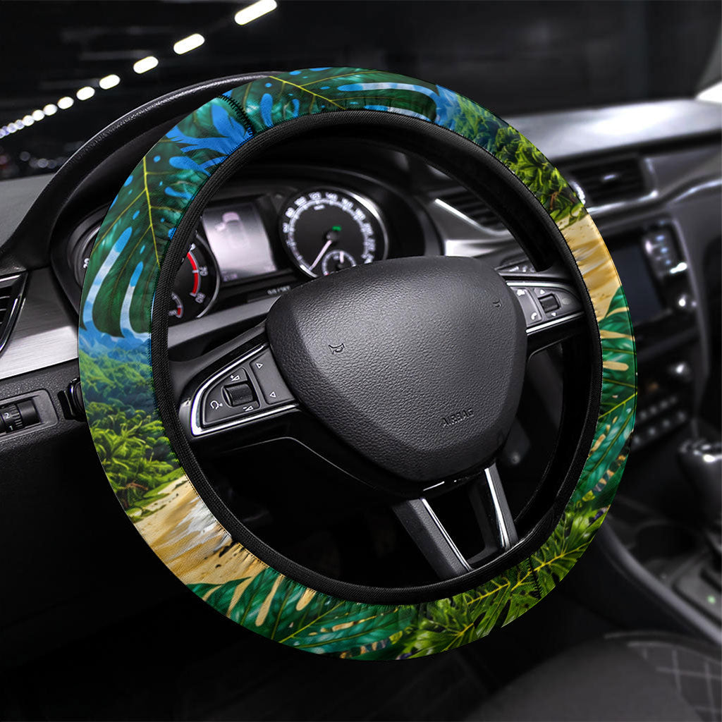 Hawaiian Mango Tropical Beach Steering Wheel Cover Scenic Island Nature Exotic Fruit Graphic TS04 Universal Fit Blue Green - Polynesian Pride