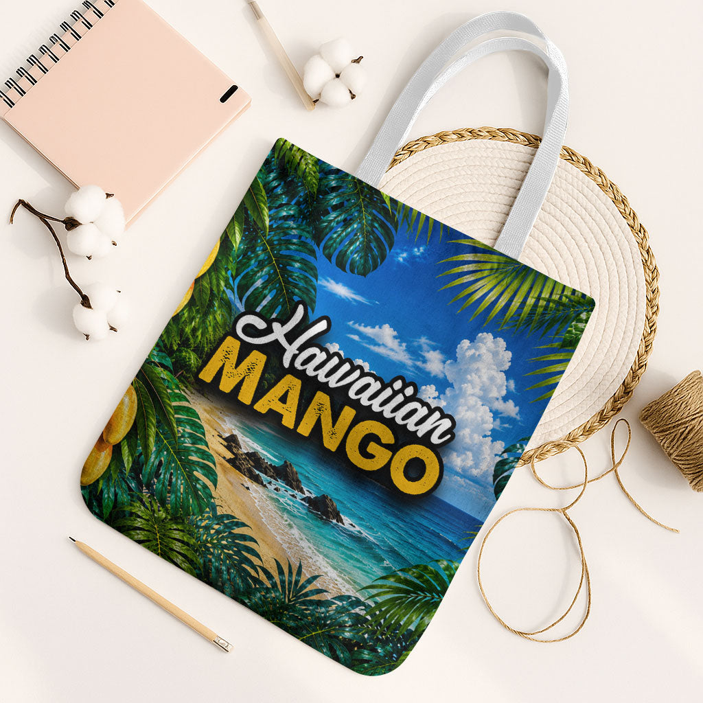Hawaiian Mango Tropical Beach Tote Bag Scenic Island Nature Exotic Fruit Graphic TS04 White Strap One Size Blue Green - Polynesian Pride